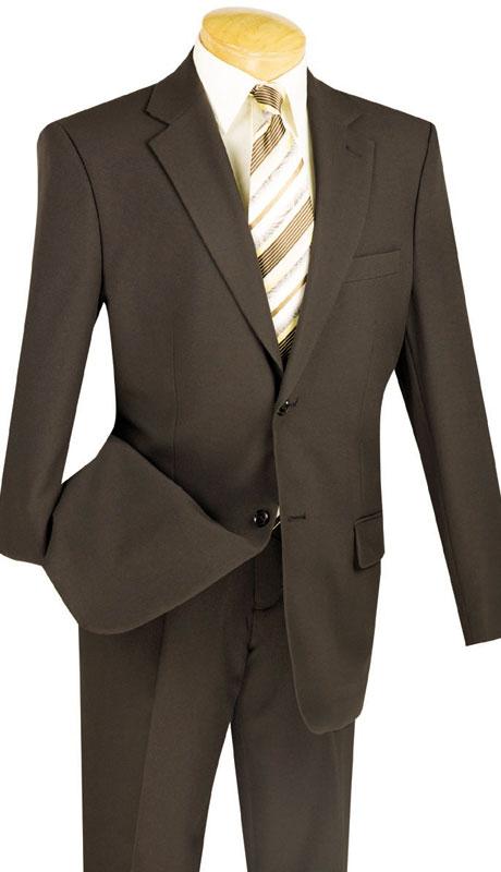 The mannequin showcases a Vinci Single Breasted Poplin Dacron Suit (Brown) 2PP, complete with side vents and accented by a cream-colored shirt and a beige-striped tie. This stylish ensemble includes flat front pants and a modern 2-button jacket from Vinci Suits.