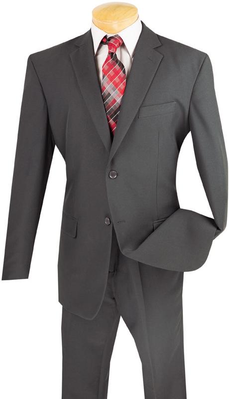 A black mannequin showcasing the Vinci Single Breasted Poplin Dacron Suit in charcoal, designed by Vinci Suits, paired with a red and gray plaid tie.