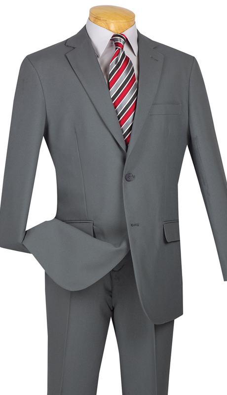 A Vinci Suits' Vinci Single Breasted Poplin Dacron Suit in gray, featuring a 2-button detail, is elegantly displayed on a mannequin. It is paired with a white shirt and a red, black, and white striped tie, complemented by flat front pants for a modern edge.
