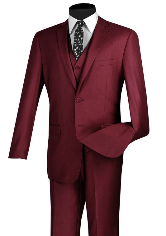 The Vinci Suits mannequin showcases the Vinci Slim Fit 3 Piece 2 Button Suit (Burgundy) SV2900, paired with a black and white patterned tie.