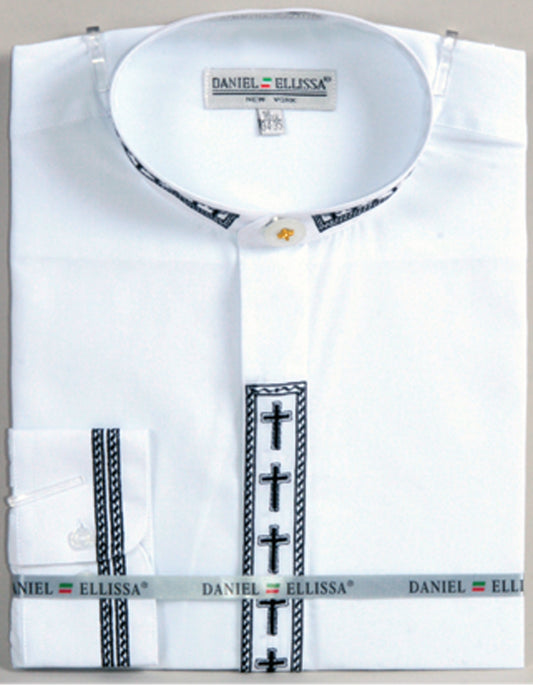 The Daniel Ellissa Banded Collar DS2005-C White/Black shirt boasts a white design adorned with a subtle black cross embroidery pattern, expertly crafted from a cotton-polyester blend. It arrives tastefully packaged with the "Daniel Ellissa" branding, blending timeless style with contemporary details.