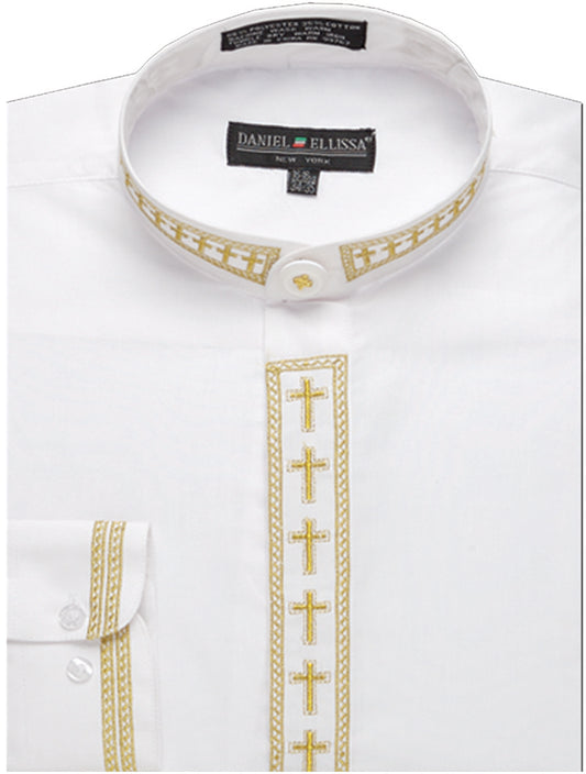 The Daniel Ellissa Banded Collar DS2005-C White/Gold men's shirt showcases a sophisticated banded collar design in white, complete with elegant gold cross embroidery on the collar and front. With neck buttons and a visible Daniel Ellissa label, it adds a classy element to any wardrobe.