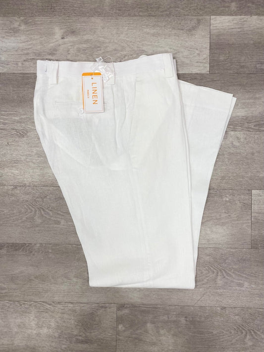 The Inserch Premium Linen Flat Front Pants P3116 White are displayed with a tag labeled "LINEN" on a gray wooden floor. These Inserch pants, embodying a traditional silhouette, are perfect for a warm weather ensemble and offer both style and comfort.