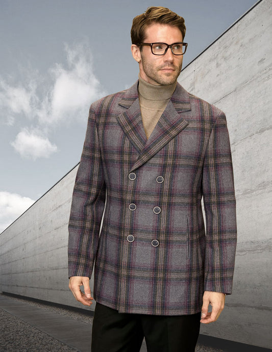 A man with glasses, wearing the Statement Clothing WJ-104-GRAY plaid peacoat over a turtleneck, stands outdoors against a modern concrete wall, exuding contemporary sophistication.