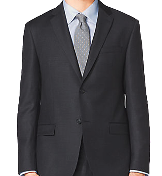 A man is shown from neck to waist against a white background wearing a Vinci Suits’ wrinkle-resistant Vinci Regular Fit 2 Button Business Blazer in black, paired with a patterned tie and light blue shirt.