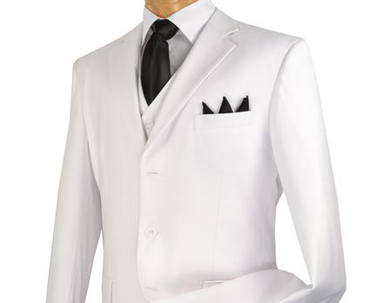 A person dressed in a Vinci Regular Fit 3 Button Blazer in white, accompanied by a matching vest, white shirt, black tie, and black pocket squares.