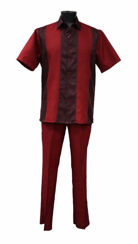 The Bassiri Red 2pc Set A 137, crafted from polyester, includes a red short-sleeve shirt with dark vertical accents and matching pants, elegantly displayed on a mannequin.