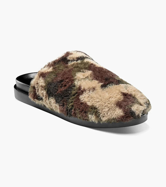 The Stacy Adams MONTECITO Closed Toe Scuff in Olive Camouflage boasts a fuzzy exterior, black sole, and cushioned footbed for ultimate comfort.