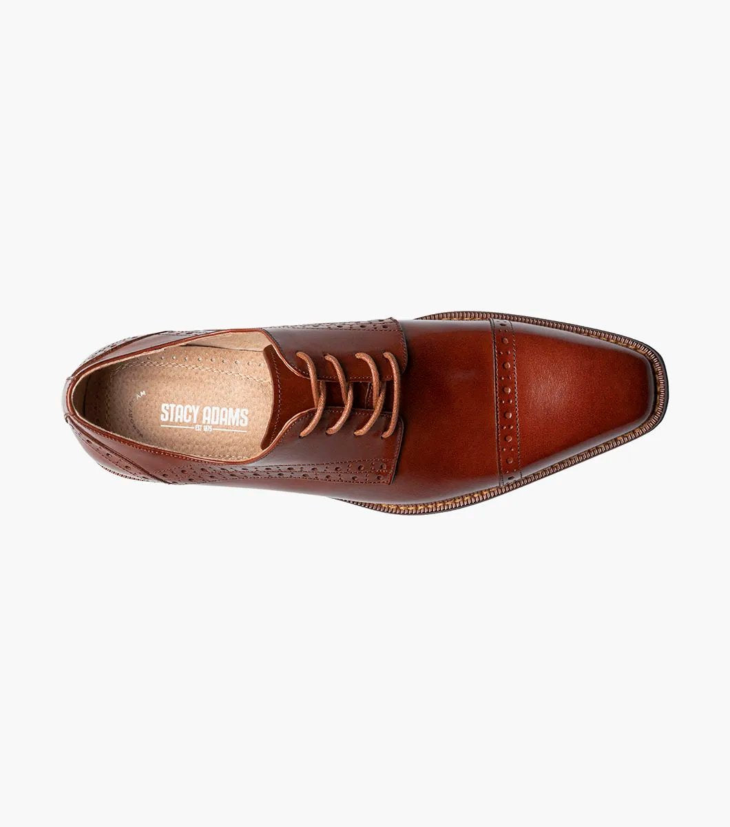 Introducing the Stacy Adams - GARRETT Cap Toe Oxford in Cognac (style number 25543-221) featuring brogue detailing, Buffalo leather upper, and classic laces, set against a white background.