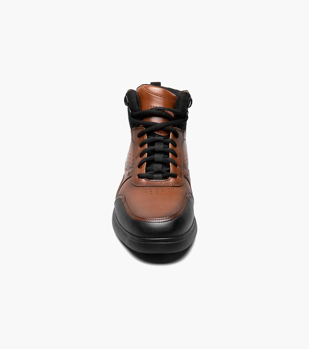 The Stacy Adams MAYSON U-Bal Lace Up Sneaker in Cognac features a brown and black high-top design with black laces and a sturdy yet lightweight EVA sole.