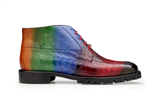 Introducing the Belvedere - Alvaro, a multicolored genuine hand-painted ostrich leg boot that showcases a gradient from red to blue and green. It features a black sole and vibrant red laces. Designed by BELVEDERE, this boot ensures comfort with its cushioned insole and sleek leather lining for a refined finish.