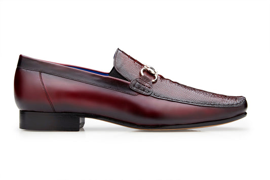 A BELVEDERE Belvedere - Bruno, Genuine Ostrich Leg and Italian Calf Loafer Dress Shoe in Dark Burgundy is depicted from the side on a white background, featuring a textured upper and metal bit detail.