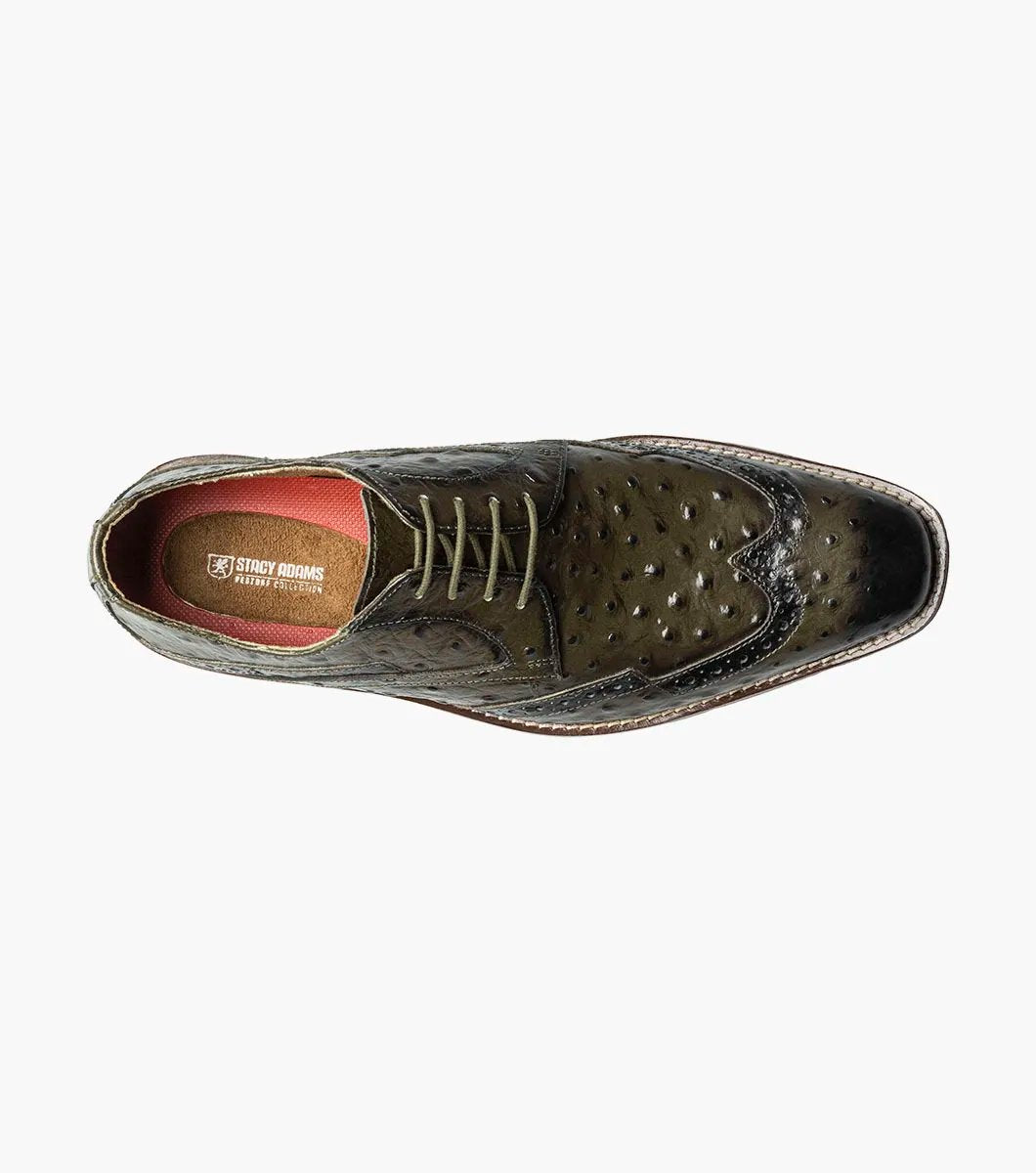 The Stacy Adams GENNARO Wingtip Oxford in olive (25537-303) is a refined shoe crafted from ostrich quill print leather, showcasing a textured pattern with brogue detailing, and includes a RedZone removable footbed for enhanced comfort.