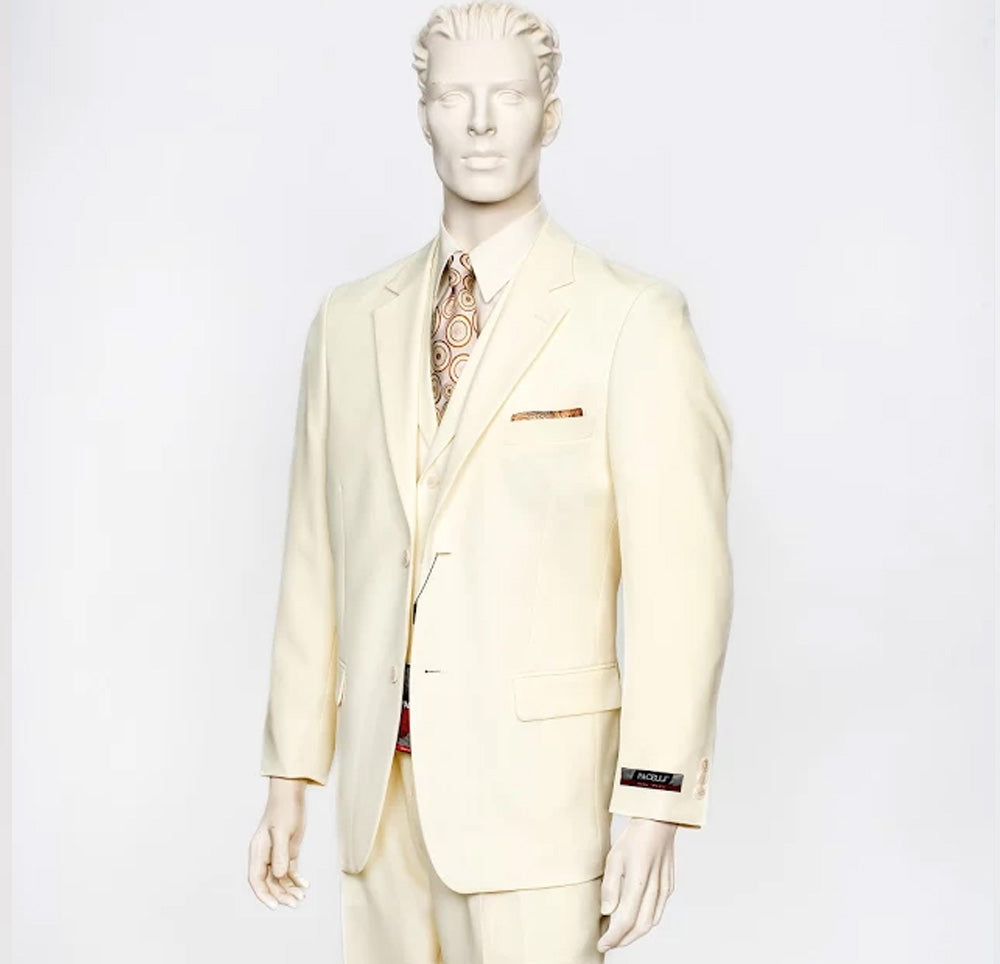 The mannequin showcases a stylish ensemble, wearing the Pacelli 3pc Cream Suit CAMERON-10005 with an intricately patterned tie and pocket square, all set against a simple background.