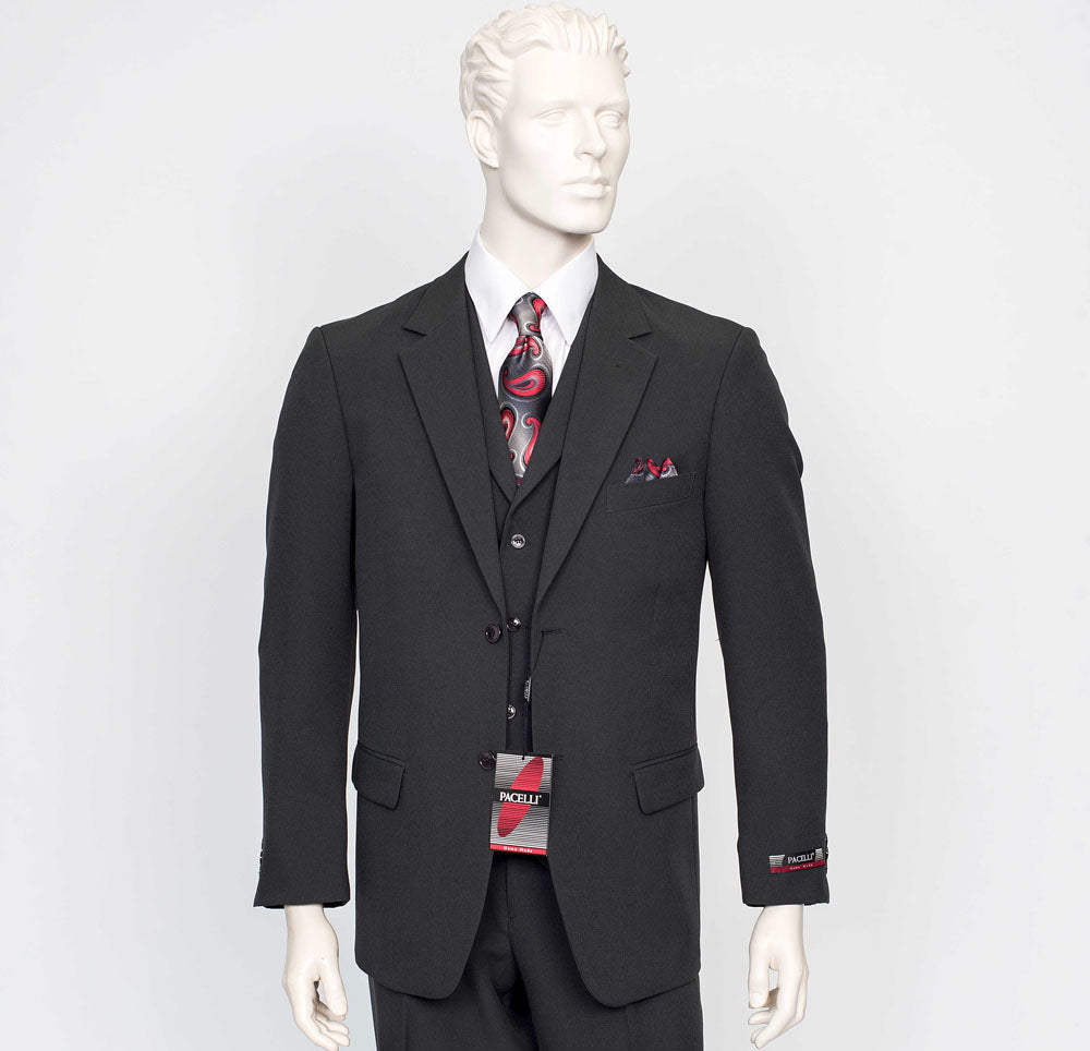 A mannequin adorned with the Pacelli 3pc Black Suit CAMERON-10000, featuring a white shirt and patterned tie, captures the Italy-styled elegance of the Pacelli brand, epitomizing high fashion.