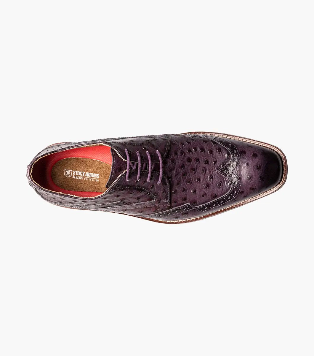 A plum Stacy Adams GENNARO Wingtip Oxford, skillfully crafted from genuine leather with an attractive ostrich quill print texture and featuring a low wooden heel.