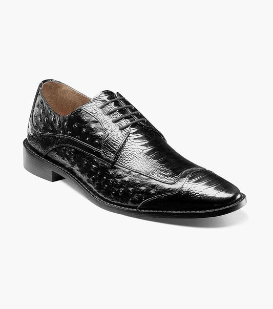 Stacy Adams FANELLI Modified Wingtip Oxford in black leather, featuring a textured pattern, lace-up design, and low heel, showcased at a three-quarter angle.