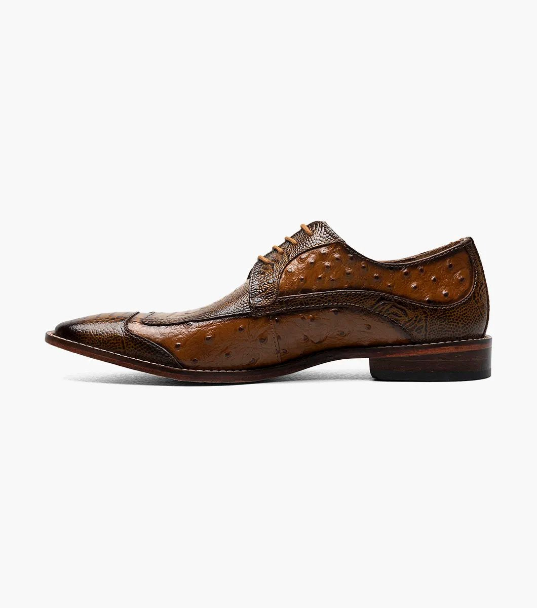 The Stacy Adams - FANELLI Modified Wingtip Oxford in Tan (25536-240) is a classic dress shoe featuring a textured design with laces, a low heel, polished finish, and outstanding arch support.