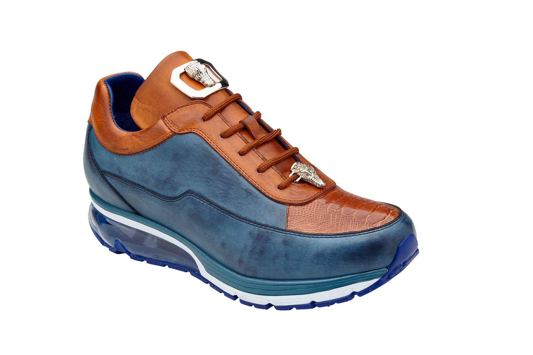 The Belvedere - Flash sneaker by BELVEDERE showcases a luxurious combination of genuine ostrich and soft Italian calf leather in antique blue safari and antique almond hues. This side view highlights a transparent section in the sole paired with a blue tread.