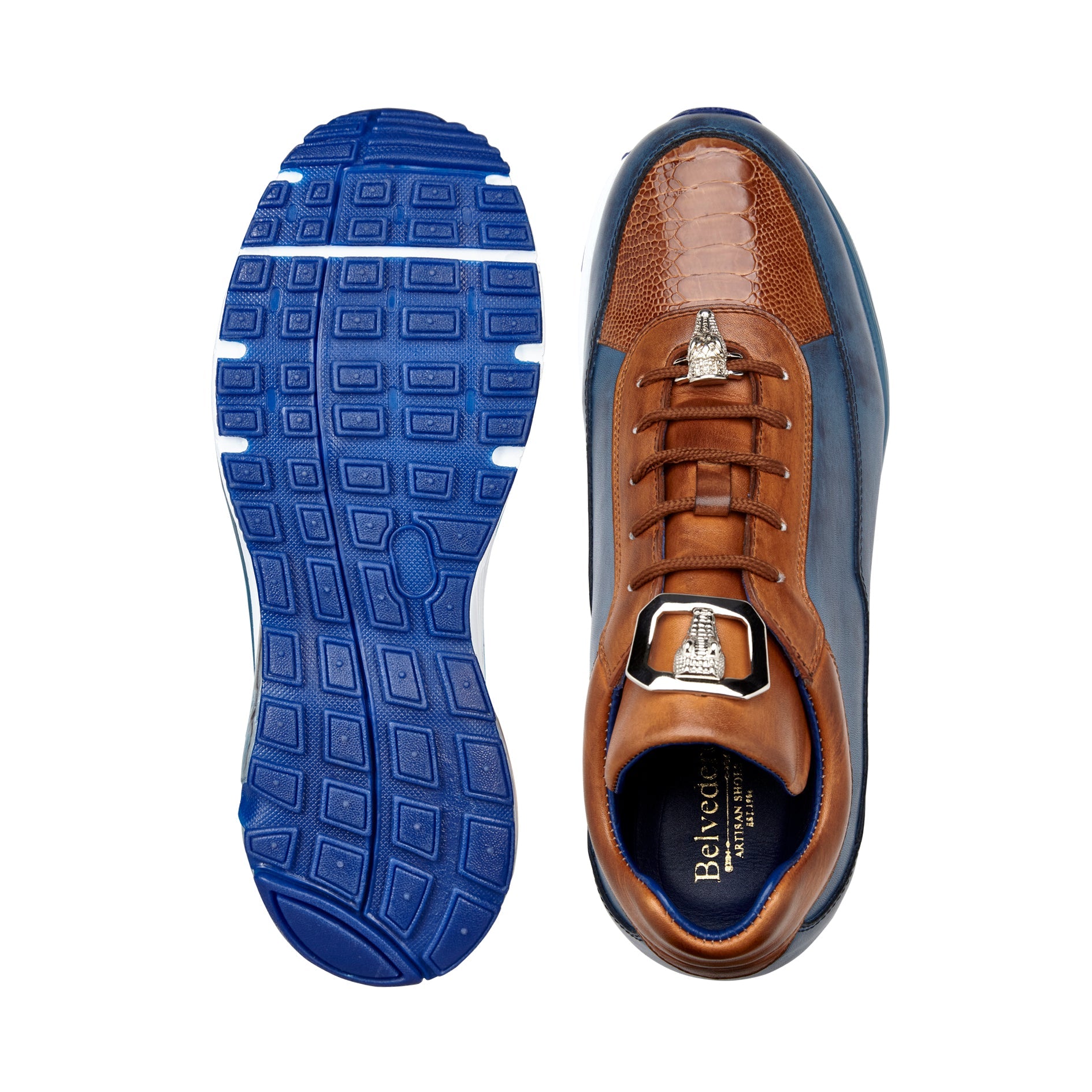 The Belvedere - Flash sneaker by BELVEDERE showcases a luxurious combination of genuine ostrich and soft Italian calf leather in antique blue safari and antique almond hues. This side view highlights a transparent section in the sole paired with a blue tread.