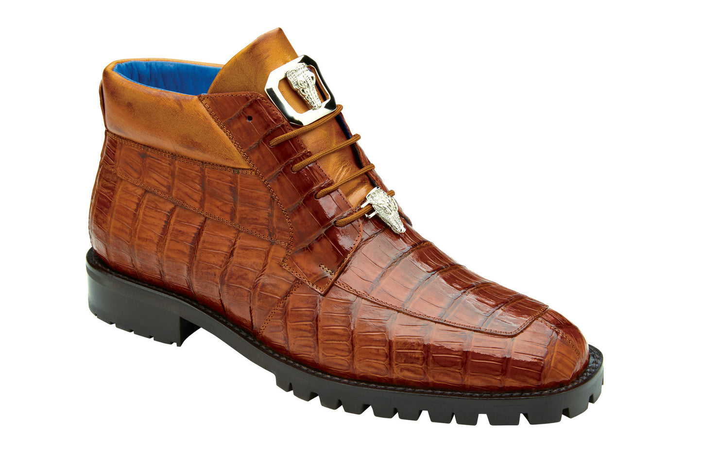 The Belvedere Gallardo dress shoe, made from genuine Caiman crocodile leather with an antique sport finish, showcases a brown hue with laces and two decorative buckles against a white background.