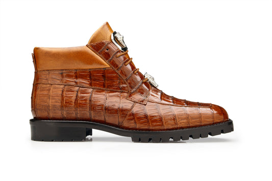 The Belvedere Gallardo dress shoe, made from genuine Caiman crocodile leather with an antique sport finish, showcases a brown hue with laces and two decorative buckles against a white background.