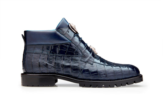 Introducing the Belvedere - Gallardo, a genuine caiman crocodile-patterned leather ankle boot in navy. It features a thick black sole, cushion insole, lace-up detail, and metallic accents.