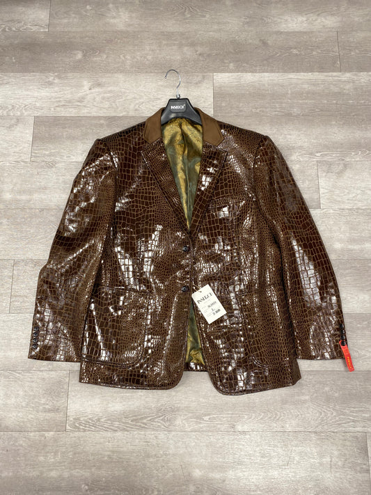 An Inserch Alligator Print Combo Blazer, model BL5659-25 in brown, featuring a glossy crocodile pattern and suede trim, hangs on a hanger against a wooden background. (FINAL SALE) (SIZE L, 3XL ONLY)