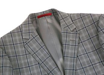 The Alessandro Vitello by Renoir 2-Piece Slim Fit Stretch Suit 293-20 in a stylish gray plaid design features side vents and is elegantly displayed on a mannequin, complemented by a crisp white shirt and a blue striped tie.