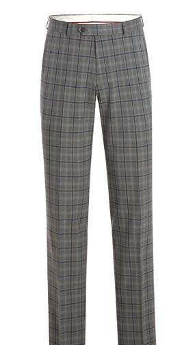 The Alessandro Vitello by Renoir 2-Piece Slim Fit Stretch Suit 293-20 in a stylish gray plaid design features side vents and is elegantly displayed on a mannequin, complemented by a crisp white shirt and a blue striped tie.