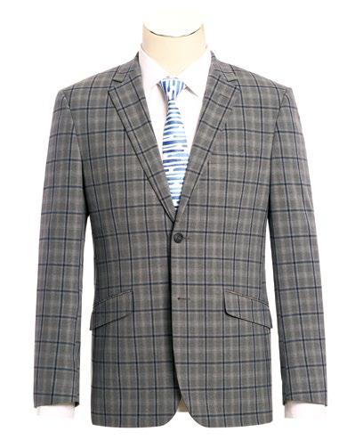 The Alessandro Vitello by Renoir 2-Piece Slim Fit Stretch Suit 293-20 in a stylish gray plaid design features side vents and is elegantly displayed on a mannequin, complemented by a crisp white shirt and a blue striped tie.