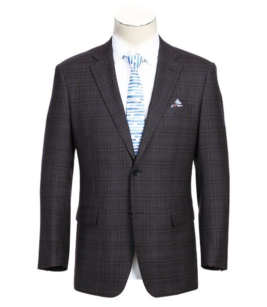 The Alessandro Vitello by Renoir Classic Fit Blazer 561-13, featuring a sophisticated gray plaid pattern with a 2BT design and notch lapel, graces the mannequin. It is elegantly paired with a crisp white shirt and a striped blue and white tie, while subtle side vents complete this refined ensemble.