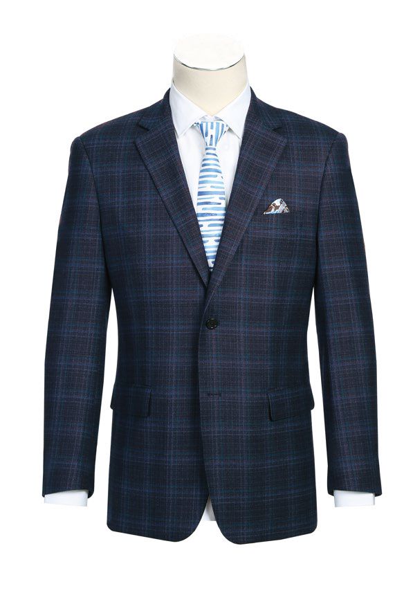 A Renoir Alessandro Vitello wool blend stretch checked navy blazer 561-15 in a classic fit, expertly crafted from fine materials, paired with a white dress shirt and a blue striped tie.