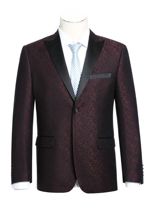 Displayed on a mannequin, the Renoir Alessandro Vitello Burgundy Slim Fit Tuxedo Blazer exudes elegance with its maroon and black textured fabric. Paired with a light blue and white striped tie, its subtle embroidered pattern effortlessly complements the formal dress code.