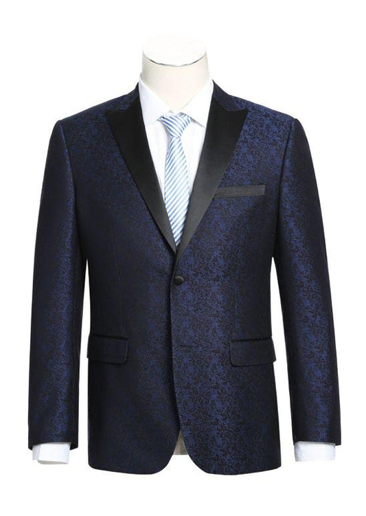 A mannequin elegantly dressed in the Alessandro Vitello by Renoir Dark Blue Slim Fit Tuxedo Blazer 290-6, featuring a floral pattern and black lapels, paired seamlessly with a crisp white dress shirt and a sophisticated blue-striped tie.