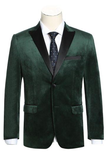 Alessandro Vitello by Renoir's Green Slim Fit Stretch Tuxedo Blazer (290-9) features black lapels, a single button closure, and flap pockets. It pairs elegantly with a white shirt and a navy tie adorned with white polka dots, making it ideal for formal occasions.