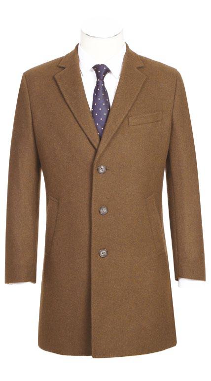 ENGLISH LAUNDRY's Wool Blend Breasted Camel Top Coat EL53-01-600 features a sleek single-breasted design, three buttons, notch lapels, and practical flap pockets. It pairs effortlessly with a crisp white shirt and a sophisticated navy polka dot tie.