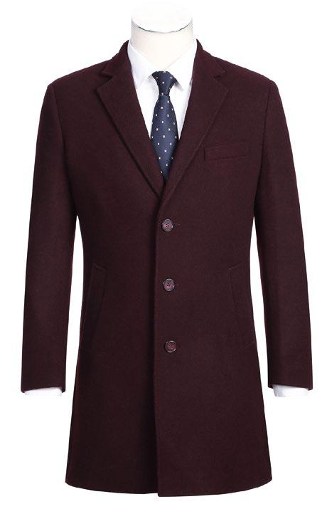 The ENGLISH LAUNDRY Wool Blend Breasted Burgundy Top Coat EL53-01-700 by English Laundry, featuring three buttons and perfect for formal occasions, is worn over a white shirt paired with a dark blue polka dot tie.