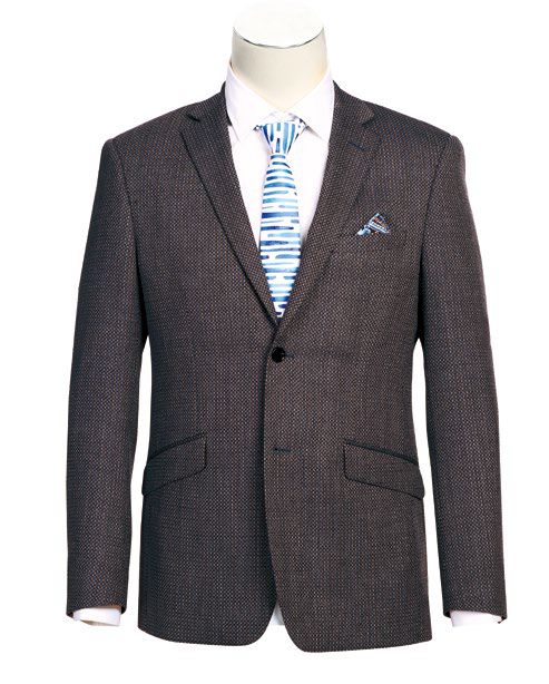 The Alessandro Vitello by Renoir Slim Fit Blazer 561-16 in dark gray, with a notch lapel, pairs elegantly with a white shirt and a blue patterned tie, featuring a matching pocket square.