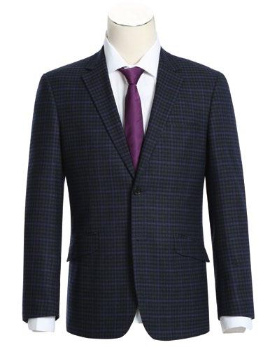 Displayed on a mannequin is the Alessandro Vitello by Renoir 2-Piece Slim Fit Stretch Suit, paired with a white shirt and purple tie.