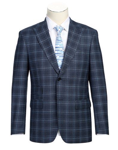 The Alessandro Vitello by Renoir 2-Piece Slim Fit Stretch Suit 562-4 is exhibited on a mannequin, complemented by a white dress shirt and a blue striped tie, highlighting timeless sophistication.