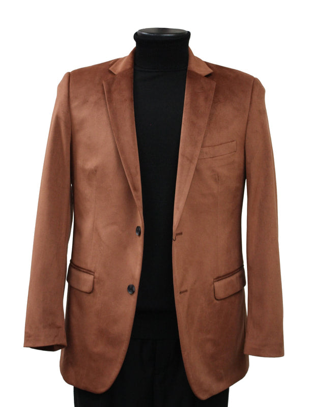 A Bassiri Blazer J1042-Cognac from the brand Bassiri is displayed on a mannequin, elegantly paired with a black turtleneck underneath.