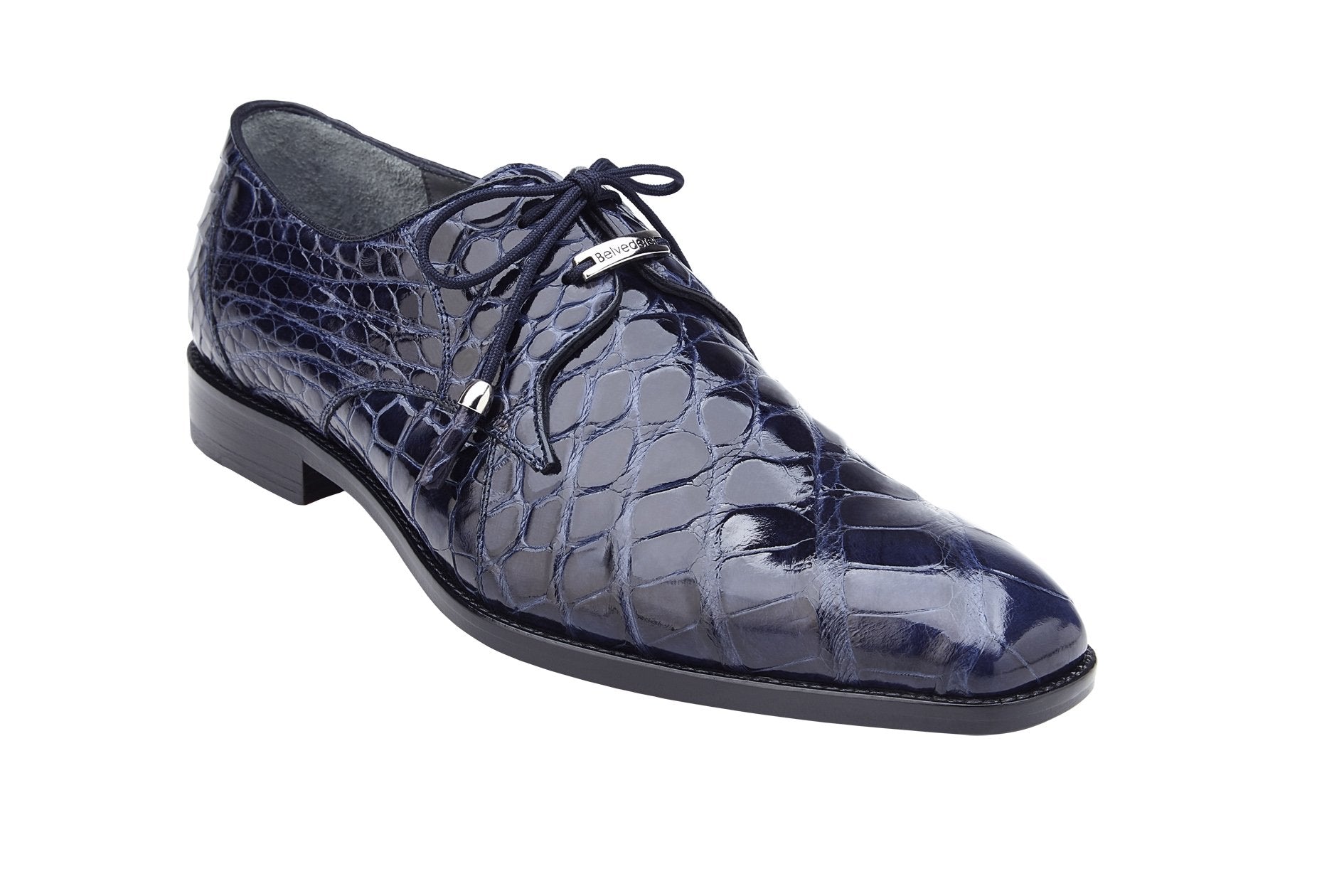 Introducing the Belvedere Lago 14010 Navy - IN STORE by BELVEDERE: a luxurious polished navy blue leather shoe featuring a genuine alligator pattern and laces, viewed from the side.