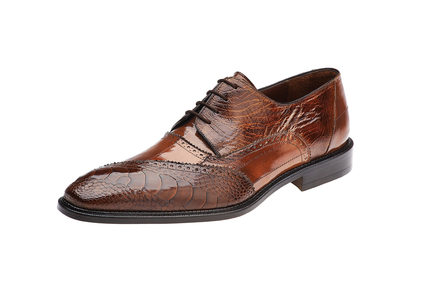 The Belvedere - Nino dress shoe, crafted from genuine ostrich leg and eel leather in an antique camel color, is shown from the side against a white background. Its glossy finish highlights intricate patterns complemented by a luxurious leather lining.