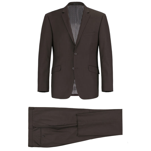 Introducing the Alessandro Vitello by Renoir, a 2-piece classic fit notch lapel solid suit, ideal for office wear. This brown ensemble features a jacket with a sleek two-button design and a single breast pocket. The coordinating trousers provide a timeless straight cut.