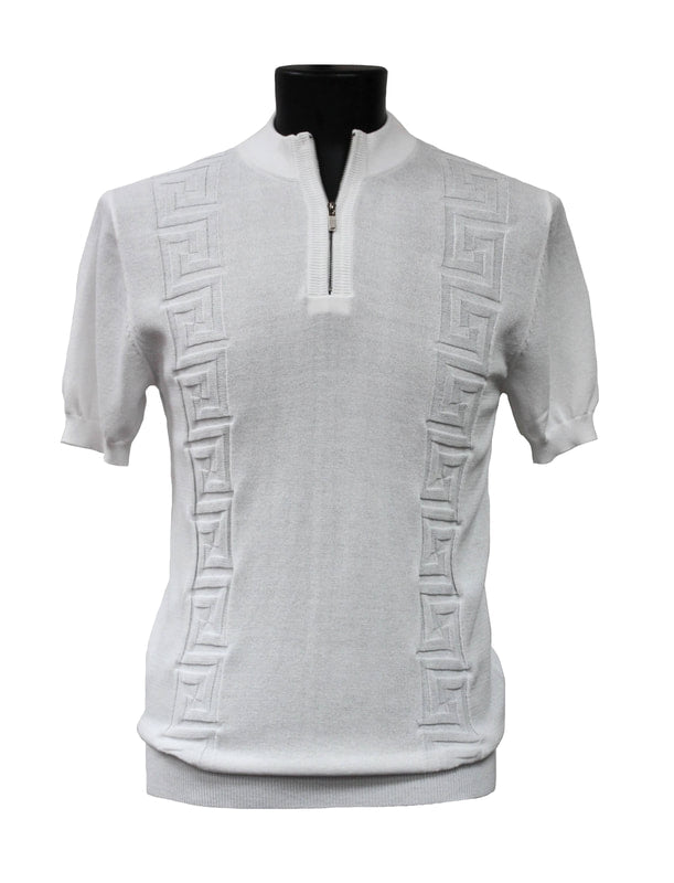 The Bassiri White Short Sleeve Sweater Q126 features a quarter zip and raised geometric patterns along the front. Crafted from a soft viscose blend, this piece by Bassiri combines comfort with elegance.