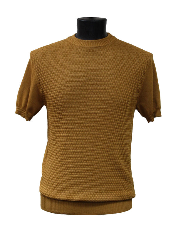 The Bassiri Gold Short Sleeve Sweater Q131, a textured brown sweater crafted from a luxurious blend of nylon and viscose, is elegantly displayed on a sleek black mannequin torso.