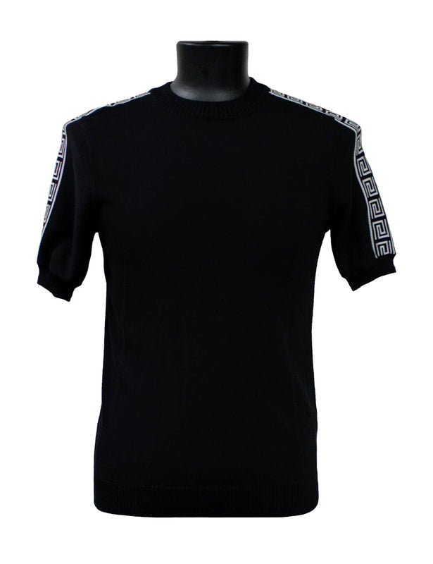 Displayed on a mannequin, the Bassiri Black Short Sleeve Sweater Q132 features patterned stripes on the sleeves and is made from a soft blend of nylon and viscose.