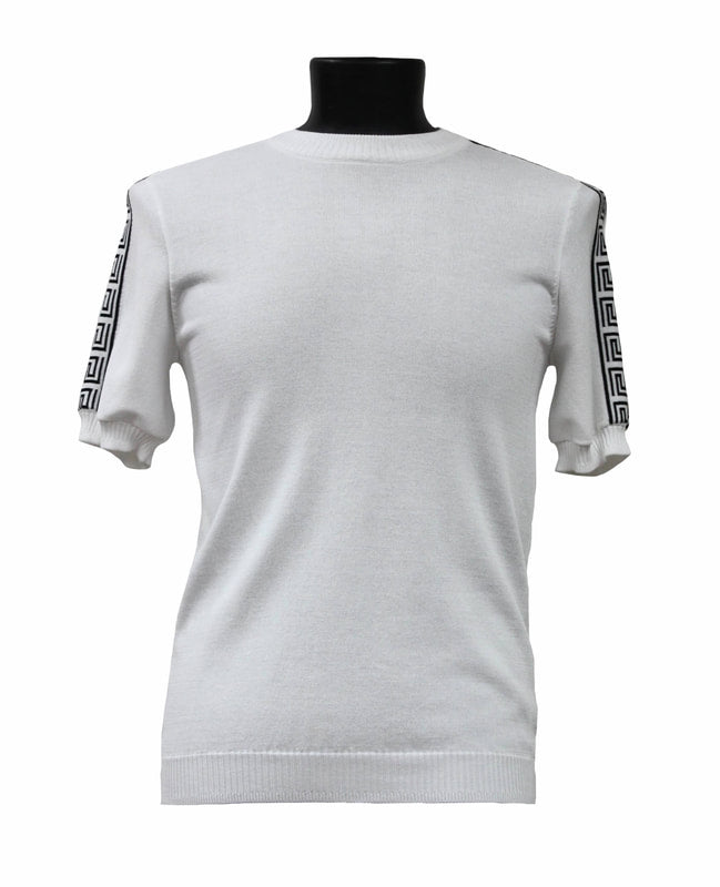 The Bassiri White Short Sleeve Sweater Q132, made from a soft viscose blend, showcases geometric-patterned stripes on the sleeves and is elegantly displayed on a black mannequin bust.