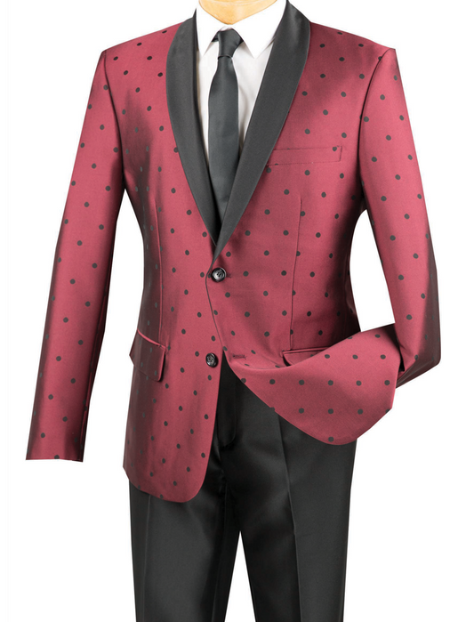 Displayed on a mannequin is the Vinci Polka Dots 2 Piece Slim Fit Suit in Burgundy from Vinci Suits, featuring black lapels beautifully contrasted with a crisp white shirt and a sleek black tie.